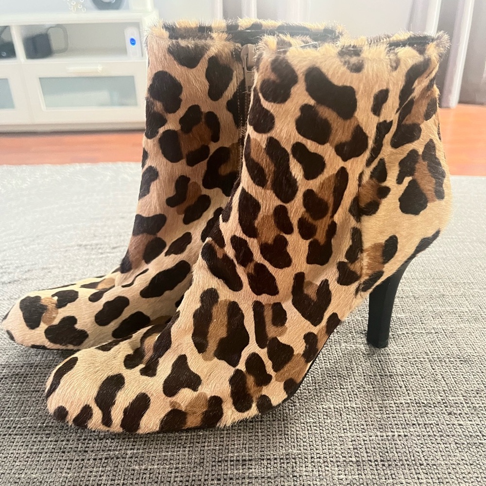 Ballin Women’s Leopard Print Fuzzy Ankle Bootie Heels Made in Italy.
